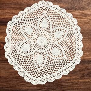 Handmade White Crochet Doily 14" Round Starburst Motif Table Mat Cottage Boho